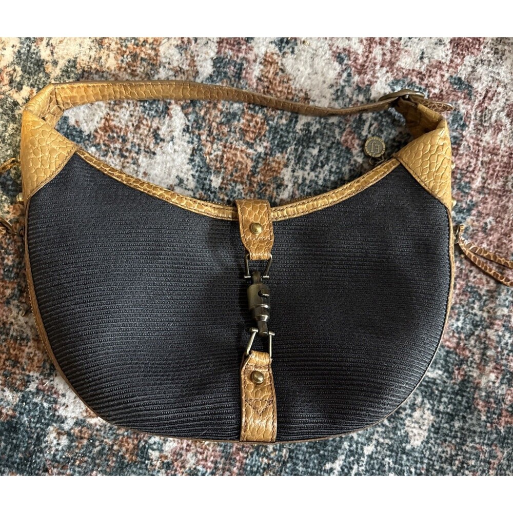 Eric Javits Women’s Purse Handbag Graphite W/Brown Leather Trim Gold Clasp Charm
